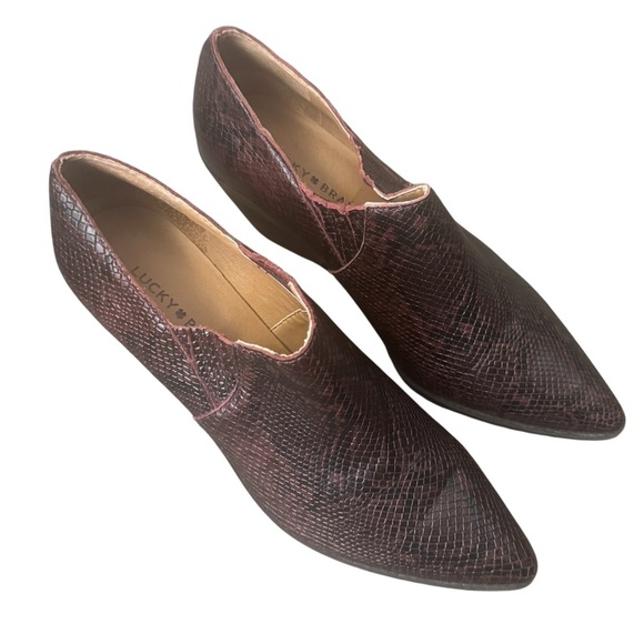 Lucky Brand  Tabea Womens Snake Print Leather Bootie 9’1/2 Red Brown Ankle Boot - Picture 1 of 5